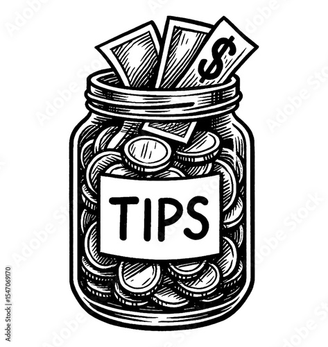 Tip Jar Filled with Coins and Paper Money in Black and White Engraving Style Illustration