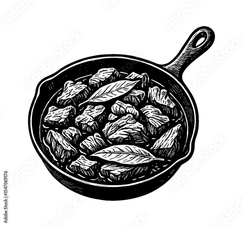 Stew in a Pan with Leaves Black and White Detailed Engraving Style Vector Illustration