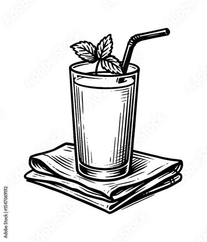 Glass with straw and mint on napkin in black and white vintage line art style.