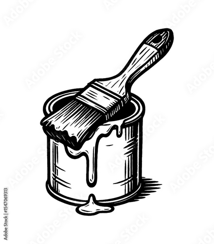 Paint Brush on Paint Can with Dripping Paint in Detailed Black and White Line Art Drawing
