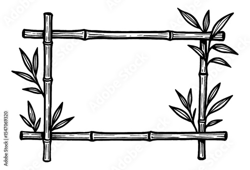 Bamboo Frame Border with Leaves Illustration in Black and White Engraving Style