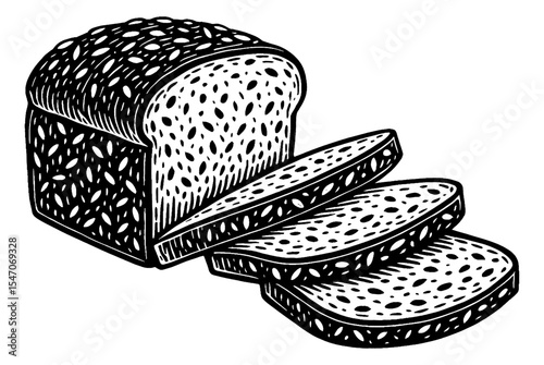 Loaf of bread and slices detailed black and white vector engraving line art drawing