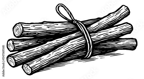Bundle of Licorice Sticks Tied Together in Black and White Engraving Style