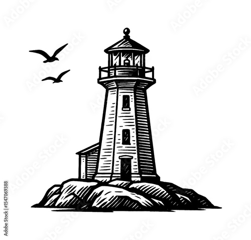 Engraved lighthouse on a rocky coast with birds flying in black and white line art