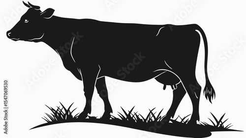 High contrast black silhouette of a cow standing calmly on transparent or isolated white background
