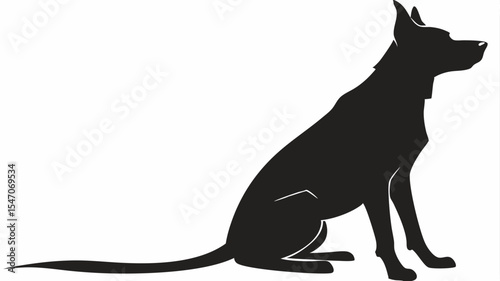 High contrast black silhouette of a dog sitting with raised ear on transparent or isolated white background

