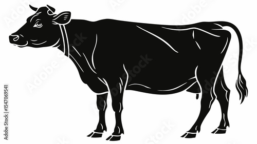 High contrast black silhouette of a cow standing calmly on transparent or isolated white background
