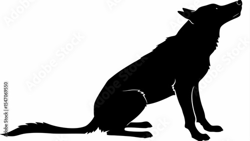High contrast black silhouette of a dog sitting with raised ear on transparent or isolated white background

