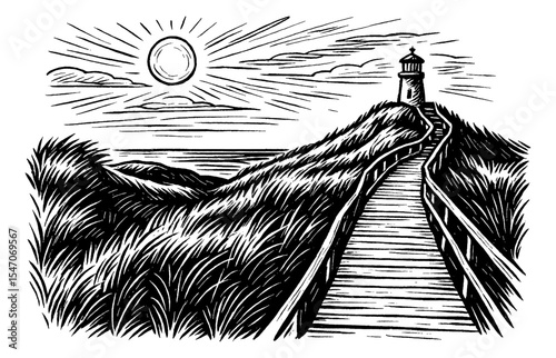 Scenic lighthouse on a hill illustration with ocean view in black and white woodcut style art