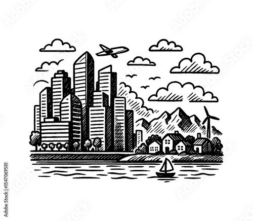 Hand Drawn Cityscape with Buildings, Airplane, Clouds, Windmill, Boat on the Water Illustration