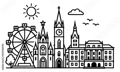 Skyline Illustration of Vienna with Ferris Wheel, Churches and Buildings in Black and White