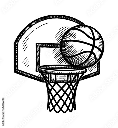 Sketch of a Basketball Going Through a Hoop with Backboard, Sports Equipment Illustration