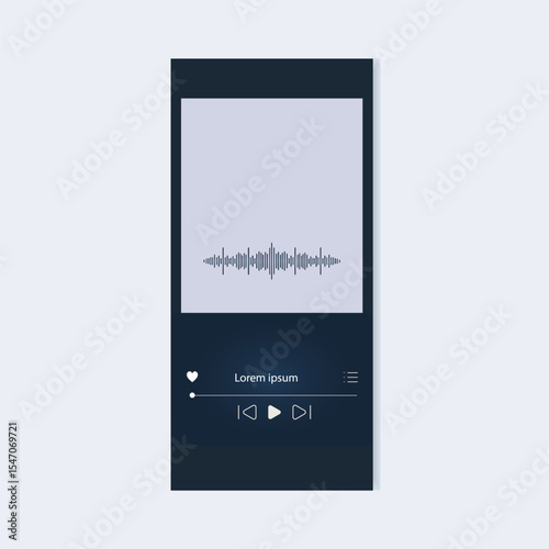 Minimal music player interface design for mobile apps. Vector template with playback controls, soundwave display, and playlist access. Clean and modern UI concept for digital audio.
