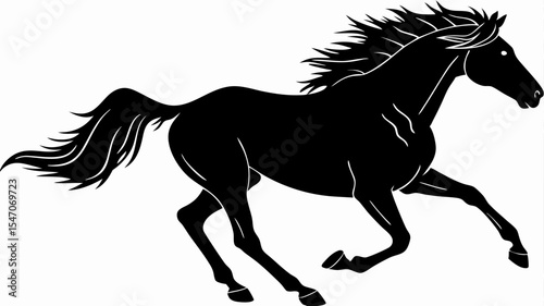 High contrast black silhouette of a horse galloping freely on transparent or isolated white background

