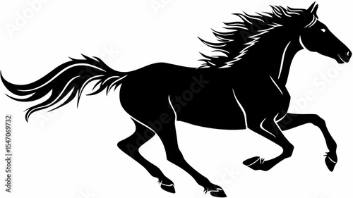 High contrast black silhouette of a horse galloping freely on transparent or isolated white background

