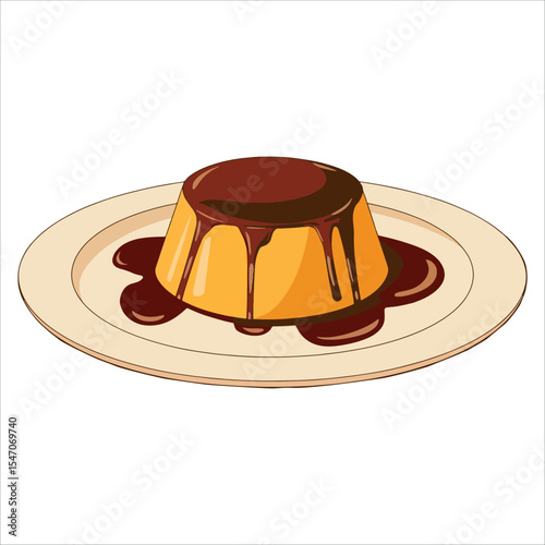 Pudding with caramel vector illustration. Dessert plate graphic for bakery and sweet treat themes.