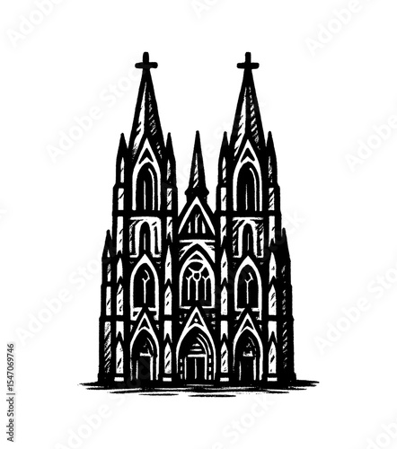 Detailed Black and White Engraved Illustration of a Grand Cathedral Building