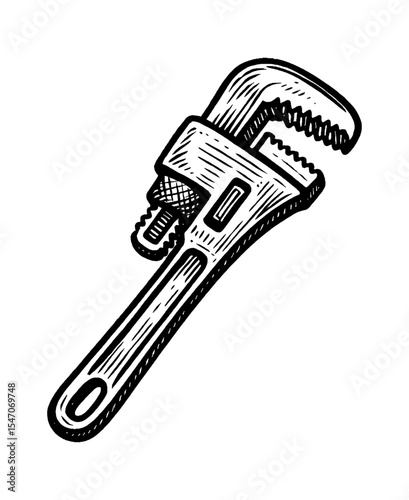 Black and White Vector Illustration of a Monkey Wrench with Detailed Line Art
