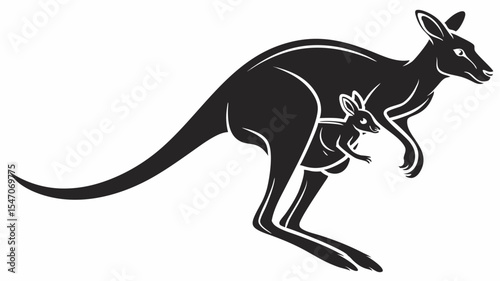 High contrast black silhouette of a kangaroo hopping with a joey in pouch on transparent or isolated white background

