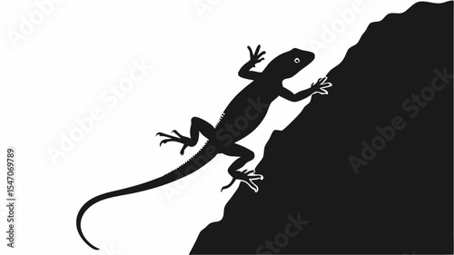High contrast black silhouette of a lizard climbing a vertical rock surface on transparent or isolated white background

