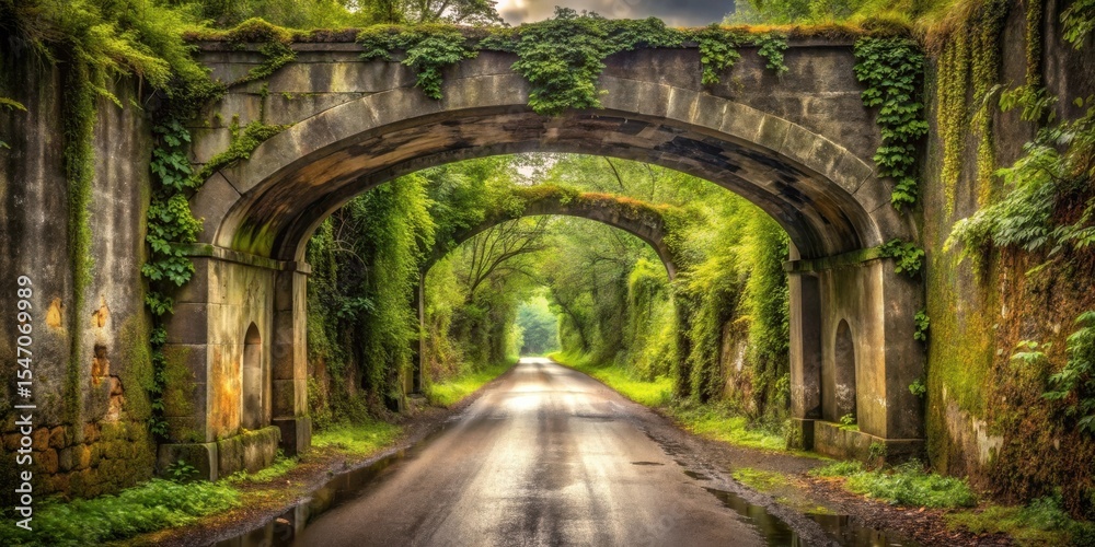 Fototapeta premium Serene Roadway Under Lush, Moss-Covered Archway, Nature's Tunnel of Green