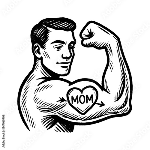Man Showing Biceps with Mom Tattoo in Heart, Black and White Engraving Style Illustration