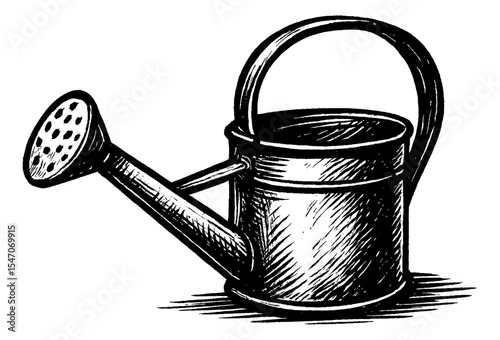 Illustration of Watering Can with Hatching Detail in Black and White