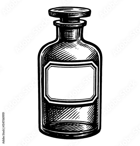 Vintage black and white drawing of a glass bottle with label and lid, vector illustration