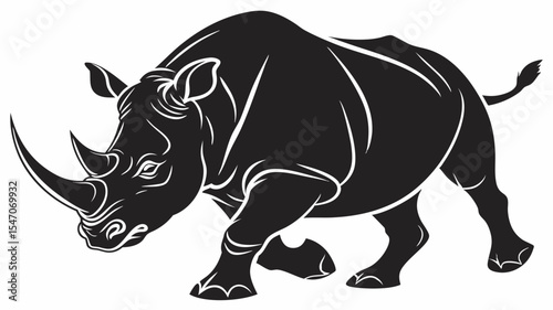 High contrast black silhouette of a rhino charging forward with transparent or isolated white background

