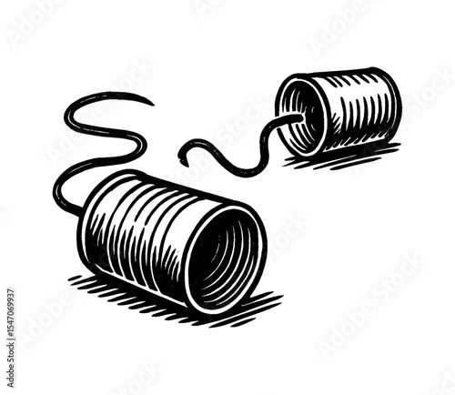 Tin Can Telephone Communication Device with String Connection Engrave Style