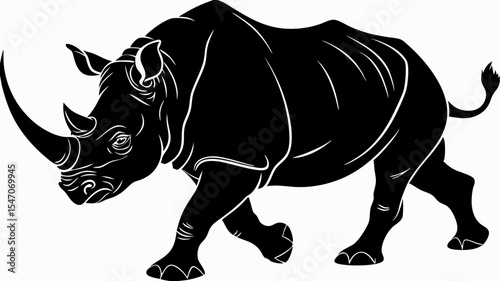 High contrast black silhouette of a rhino charging forward with transparent or isolated white background

