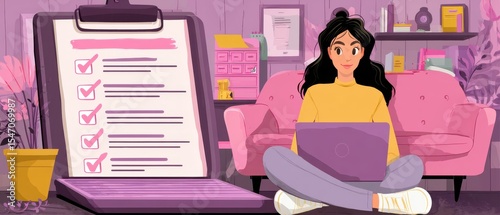 Young woman evaluating tasks using checklist and laptop in a cozy home office environment filled with inspiring decor