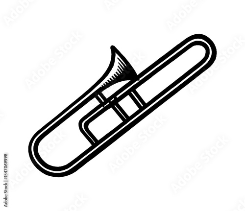 Black and White Line Art Illustration of a Trombone Musical Instrument