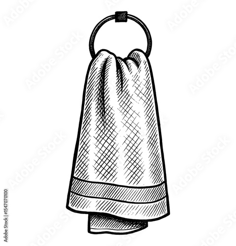 Hanging towel on a ring in a detailed sketch style illustration. Hand towel