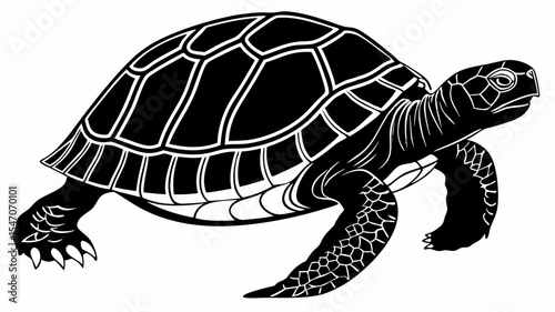 High contrast black silhouette of a turtle walking slowly on transparent or isolated white background

