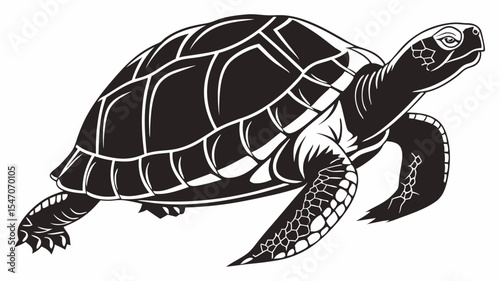 High contrast black silhouette of a turtle walking slowly on transparent or isolated white background

