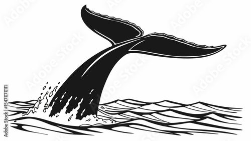 High contrast black silhouette of a whale’s tail above ocean surface on transparent or isolated white background

