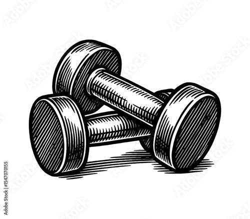 Two Dumbbells Stacked Showing Fitness Equipment, Black and White Engraving Style Line Art