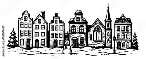 Black and White Engraved Illustration of Buildings, Church and Snowman in Winter Scene