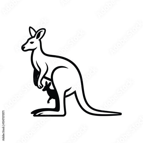 Outline Illustration of Kangaroo with Baby in Pouch Isolated on White Background Wildlife Concept

