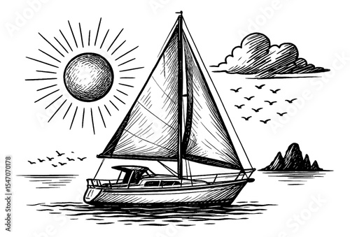 Illustration of Sailboat Sailing on the Water with Birds, Cloud and Sun in the Sky