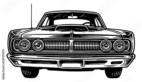 Front view of classic muscle car in black and white line art drawing style illustration