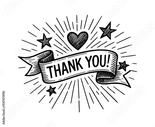 Hand Drawn Thank You Banner with Heart, Stars and Rays in Black and White