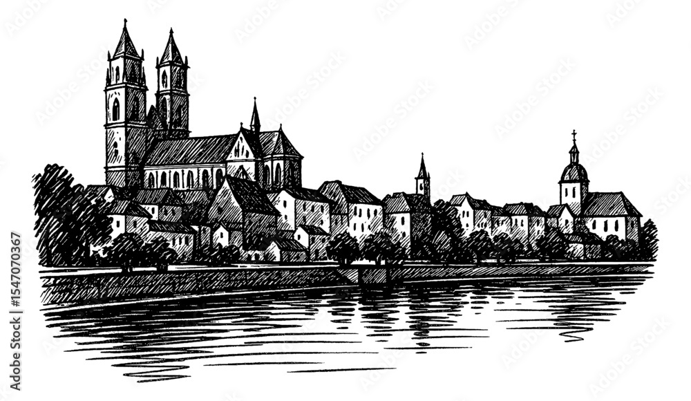 Fototapeta premium Cityscape with Cathedral and Buildings along Riverbank in Detailed Black and White Pen Ink Drawing