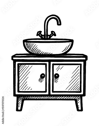 Illustration of a Sink with Cabinet, Black and White Sketch Style Hand Drawn.