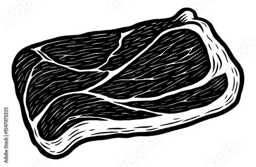 Black and White Engraving of a Steak Cut with Marbling and Fat Pattern
