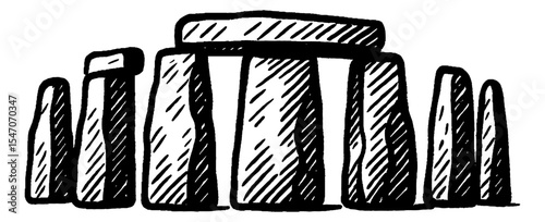 Stonehenge ancient monument black and white engraving style vector illustration.