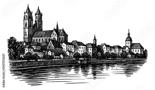 Cityscape with Cathedral and Buildings along Riverbank in Detailed Black and White Pen Ink Drawing