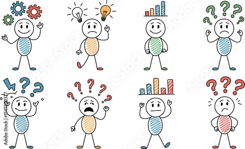 Stick figure characters showing different emotions and concepts for business presentation use case ideas editable stock vector