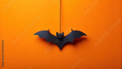 A hanging black bat decoration against a vibrant orange backdrop, perfect for Halloween festivities or autumnal themed designs.